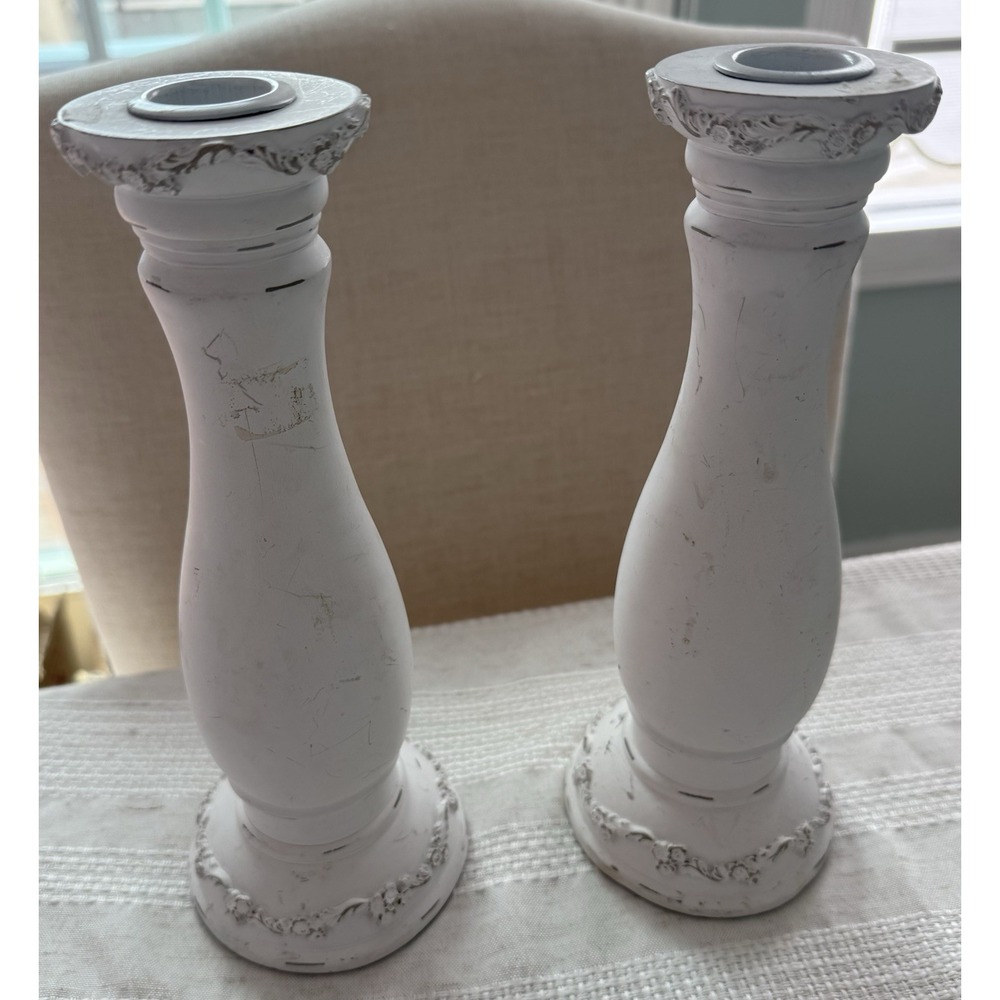 Pair of distressed Whitewashed Pillar Candle Holders 10" set Of 2